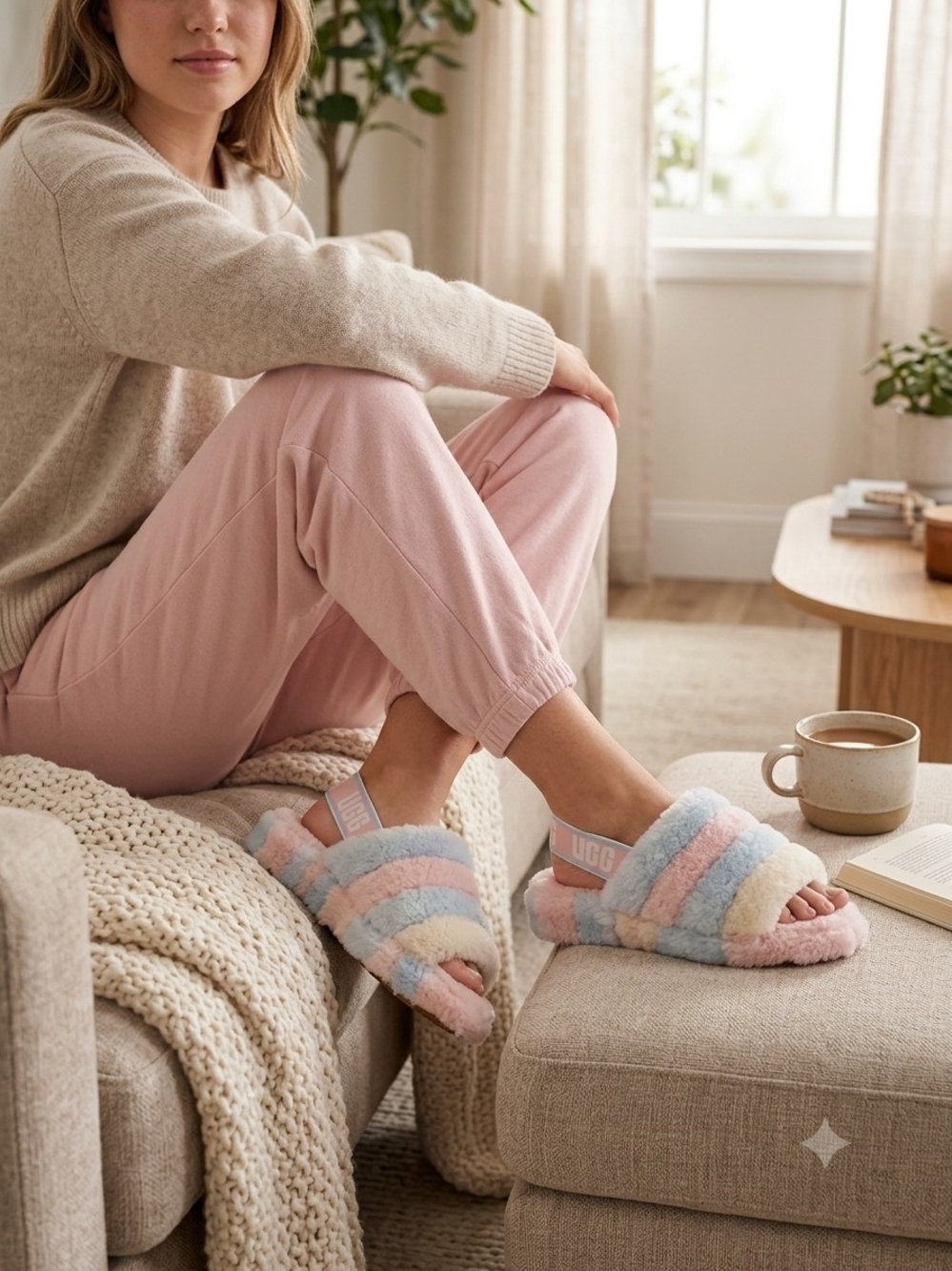 UGG Women's Pastel Stripe Fluffy Slide Slippers